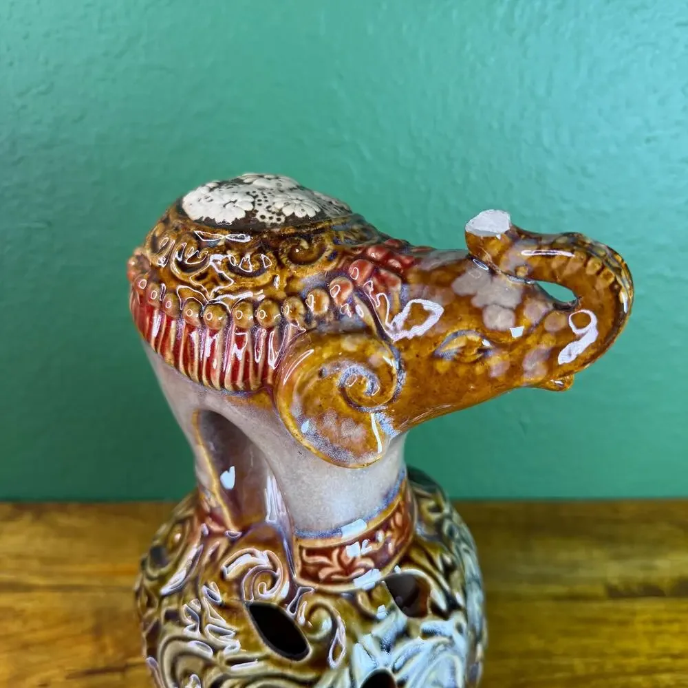 Vintage Elephant Figurine Satsuma Style Japanese Pottery Mini Statue.